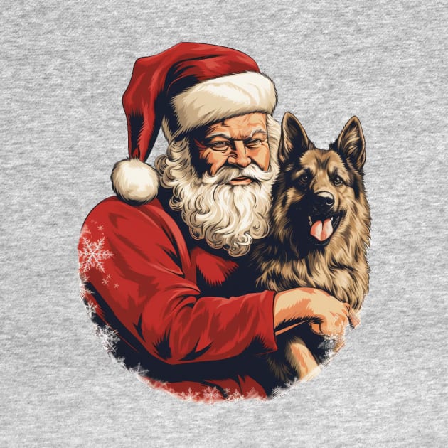 Merry Christmas Retro Santa Claus Hug German Shepherd Puppy by Pro Design 501